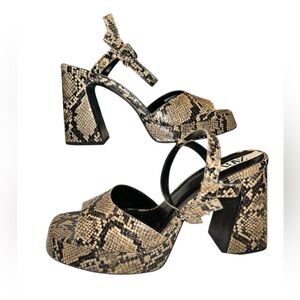 ZARA Snake-Print Platform Block Heel Sandals - Beige/Black